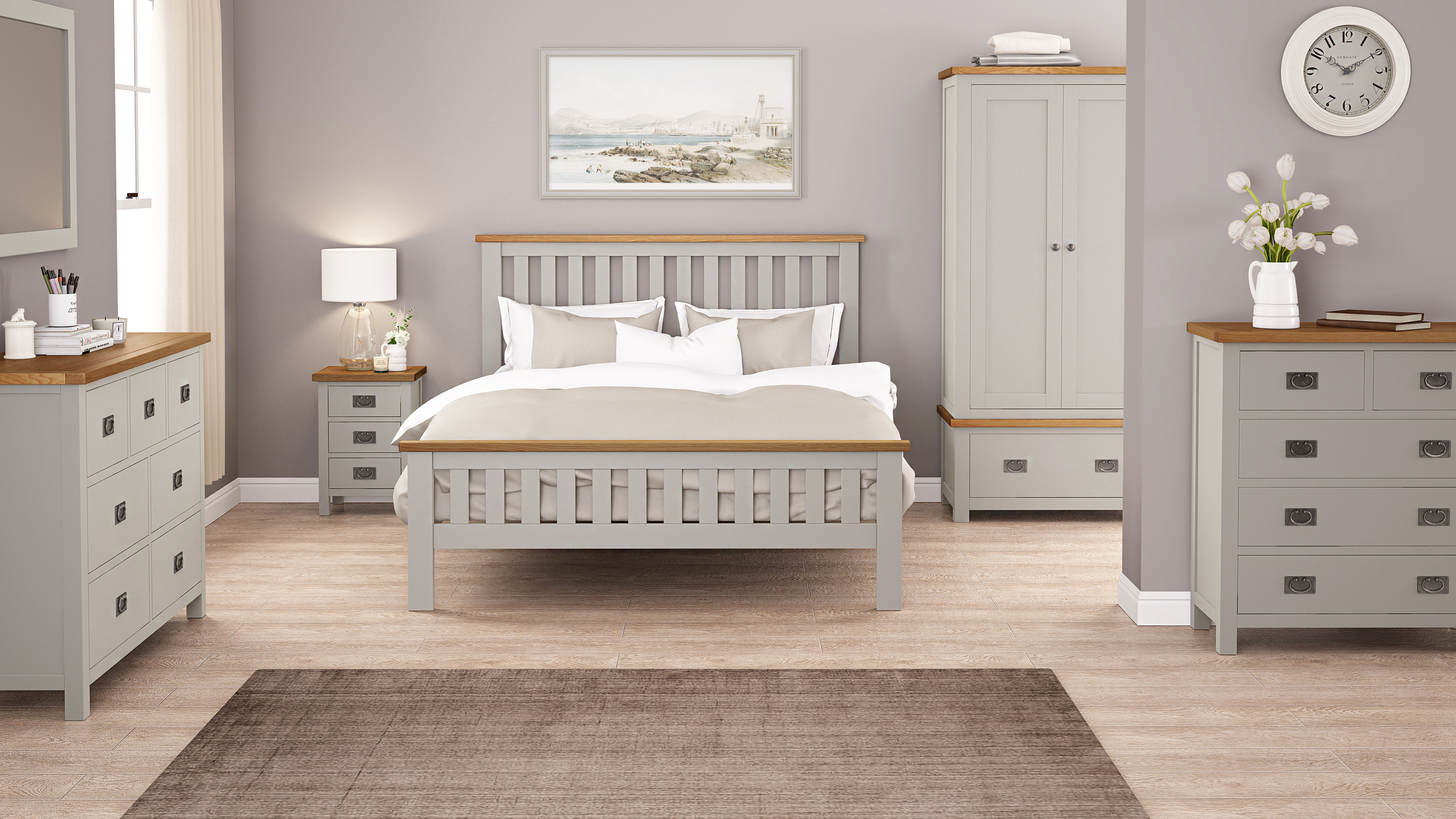 Rustique Home Sicily Bedroom Furniture with oak bed, chest of drawers, storage box, wardrobe and bedside table