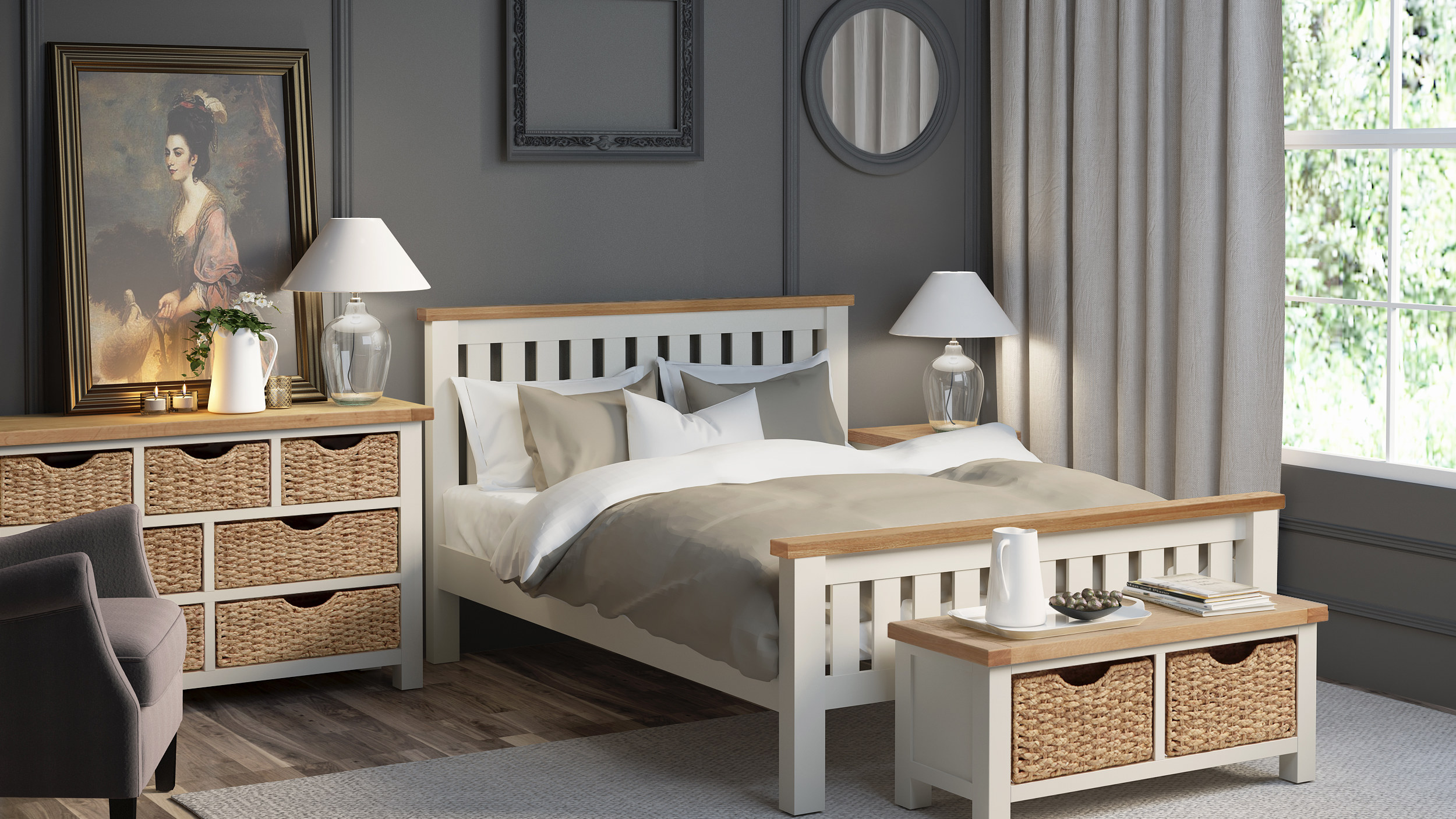 Rustique Home Florence Painted Oak Bed in Cream and Natural Oak double tone color