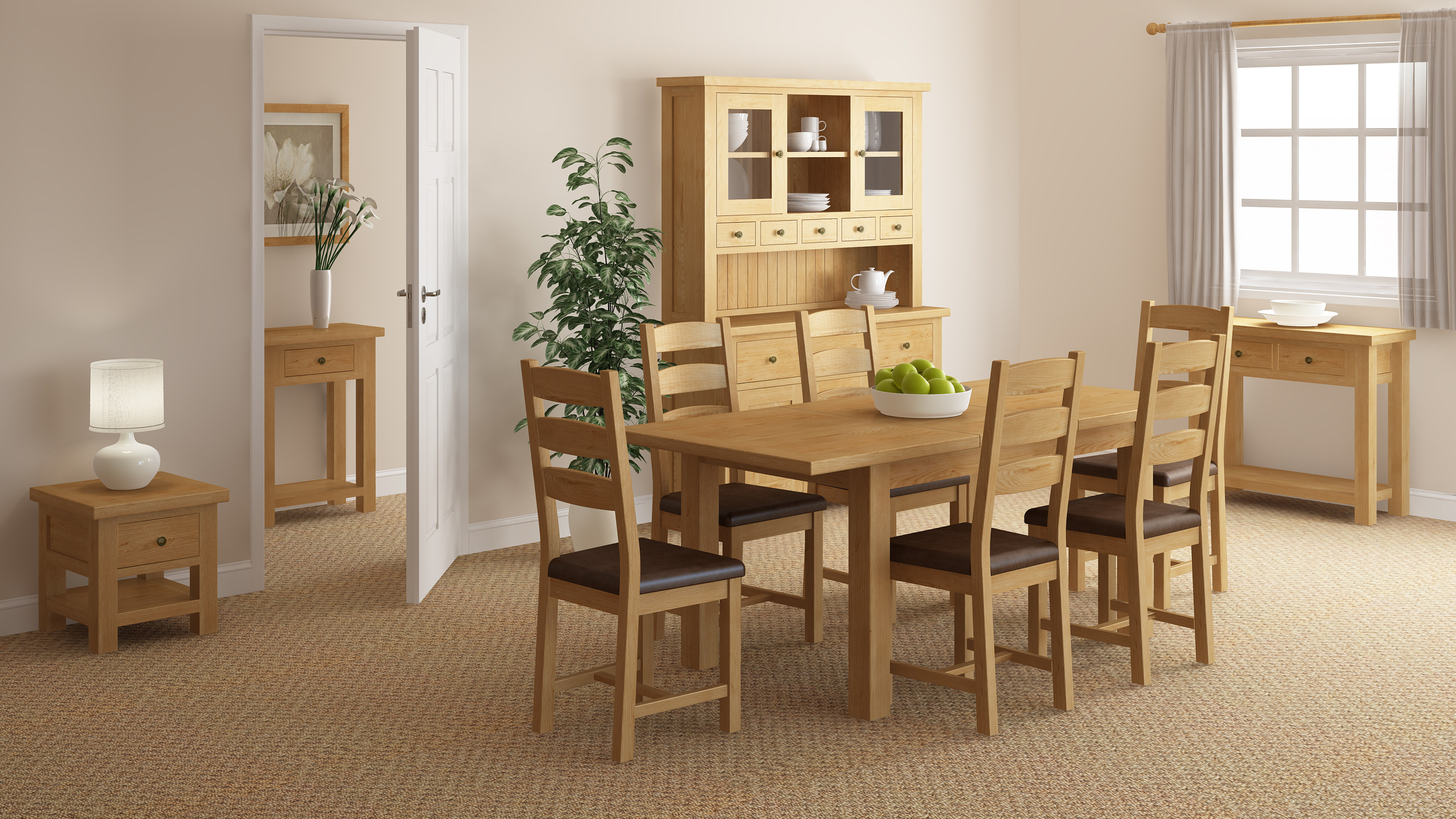 Rustique Home 100% Solid Oak Dining furniture. The shot has a dining table and chairs which are natural oak color. The Chairs and table are natural oak straight parrellel back panels. The dining room is completed by a bookcase, coffee table, a sideboard and a matching console table.